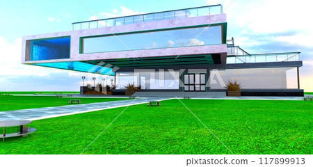 Entrance to an ultra-modern aqua complex with an integrated suspended pool holding three million decaliters. 3D rendering. Entrance to an ultra-modern aqua complex with an integrated suspended pool holding three million decaliters. 3D rendering. 117899913