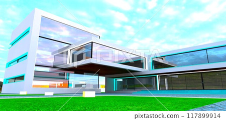 Exclusive design of a luxury private mansion in high-tech style. Large mirrored windows create a sense of spaciousness and opulence. 3D rendering. Exclusive design of a luxury private mansion in high-tech style. Large mirrored windows create a sense of spaciousness and opulence. 3D rendering. 117899914