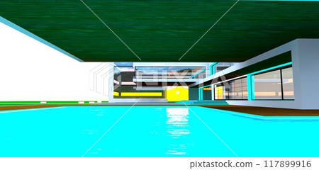 Massive canopy over a spacious pool with turquoise lighting near the main entrance of an advanced private estate. Sunrise visible through an arch. 3D rendering. 117899916