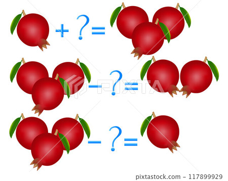 Action relationship of addition and subtraction, examples with garnets. Educational games for children. Action relationship of addition and subtraction, examples with garnets. Educational games for children. 117899929