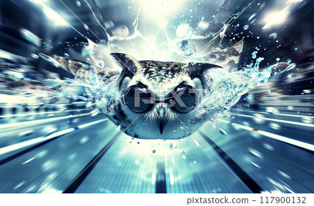 An owl wearing goggles swimming fast underwater 117900132