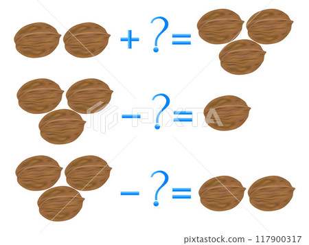 Action relationship of addition and subtraction, examples with walnuts. Educational games for children. Action relationship of addition and subtraction, examples with walnuts. Educational games for children. 117900317