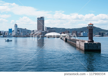 View of Sunport Takamatsu, Kagawa Prefecture (from a ferry sailing) 117900334