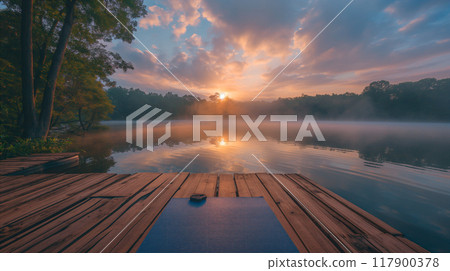 Calming yoga session at the edge of a serene lake during sunrise. Generative AI Calming yoga session at the edge of a serene lake during sunrise. Generative AI 117900378