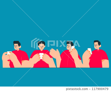 Happy people looking at smartphones, chatting online and talking. Women and men characters using mobile phones, scrolling and surfing internet. Social network concept. Flat vector illustration Happy people looking at smartphones, chatting online and talking. Women and men characters using mobile phones, scrolling and surfing internet. Social network concept. Flat vector illustration 117900479