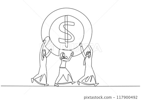 Single continuous line drawing group of Arab businessmen and Arab businesswomen work together carry a dollar symbol coin. Small capital for large profits. Success. One line design vector illustration Single continuous line drawing group of Arab businessmen and Arab businesswomen work together carry a dollar symbol coin. Small capital for large profits. Success. One line design vector illustration 117900492