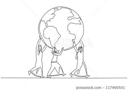 Single one line drawing group of Arab businessmen and Arab businesswomen working together to carry globe. Work hard together. Dominate the market. Global. Continuous line design graphic illustration 117900501
