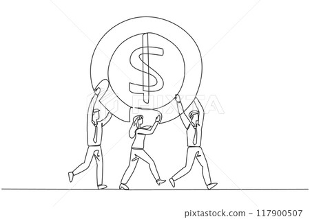 Single one line drawing group of businessmen and businesswomen work together carrying a dollar symbol coin. Cash. Bonus. Success. Amazing achievement. Continuous line design graphic illustration 117900507