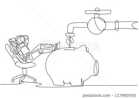 Continuous one line drawing astronaut sit relax on chair to see money faucet flow into savings piggy bank. Donations continue to flow. Cosmonaut deep space. Single line draw design vector illustration 117900508