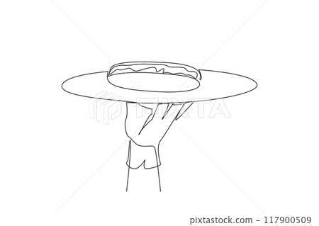 Single continuous line drawing the waiter holds food tray serving hot dog. Dish consisting of a grilled, steamed, or boiled sausage. American fast food. Junk food. One line design vector illustration 117900509