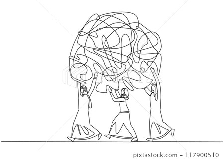 Single continuous line drawing a group of Arab businessmen and Arab businesswomen work together carrying heavy messy circle. Keep anxiety away. Relieve stress. One line design vector illustration Single continuous line drawing a group of Arab businessmen and Arab businesswomen work together carrying heavy messy circle. Keep anxiety away. Relieve stress. One line design vector illustration 117900510
