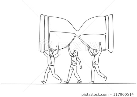 Single continuous line drawing a group of businessmen and businesswomen work together to carrying an hourglass. Earn trust. Complete it responsibly. Achievement. One line design vector illustration 117900514