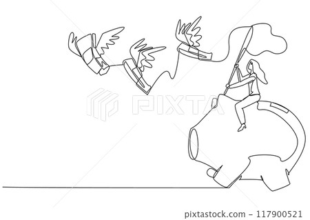 Single one line drawing businesswoman riding piggy bank catching flying banknotes. Hit by a financial crisis. Unstable finances. Trying to get capital. Continuous line design graphic illustration 117900521