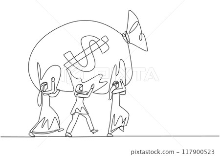 Continuous one line drawing a group of Arab businessmen and Arab businesswomen work together to carrying money bag. Great success. Get lots of benefits. Single line draw design vector illustration Continuous one line drawing a group of Arab businessmen and Arab businesswomen work together to carrying money bag. Great success. Get lots of benefits. Single line draw design vector illustration 117900523