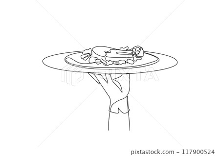 Single continuous line drawing waiter holds food tray serving baked salmon. Healthy fillet meat. Contains lots of nutrients. High in protein. Healthy food for body. One line design vector illustration Single continuous line drawing waiter holds food tray serving baked salmon. Healthy fillet meat. Contains lots of nutrients. High in protein. Healthy food for body. One line design vector illustration 117900524