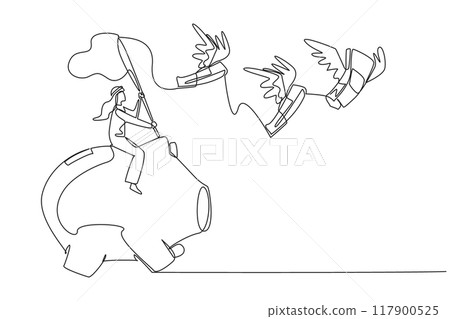 Single one line drawing Arabian businessman riding piggy bank catching flying banknotes. Financial crisis. Work smart to avoid debt. Business must continue. Continuous line design graphic illustration Single one line drawing Arabian businessman riding piggy bank catching flying banknotes. Financial crisis. Work smart to avoid debt. Business must continue. Continuous line design graphic illustration 117900525
