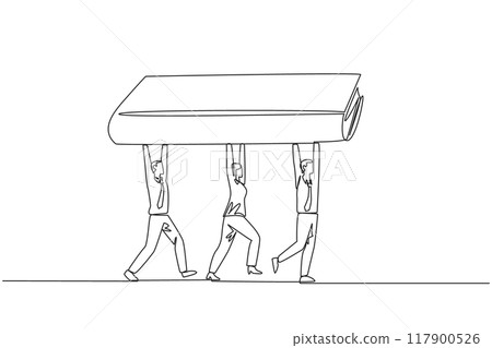Continuous one line drawing a group of businessmen and businesswomen work together carrying a book. Read to broaden the knowledge. For better business. Single line draw design vector illustration 117900526
