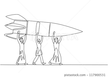 Single continuous line drawing a group of Arab businessmen and Arab businesswomen work together carrying a rocket. Collaboration makes business successful. Profit. One line design vector illustration 117900531