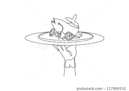 Continuous one line drawing the waiter holds a food tray serving baked fish. Served with lemon and various spices. Contains good fats. Can help lose weight. Single line draw design vector illustration 117900532