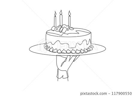 Single one line drawing the waiter holds a food tray serving cake. It has quite high calorie and cholesterol content. Cake with celebration symbols. Sweet. Continuous line design graphic illustration Single one line drawing the waiter holds a food tray serving cake. It has quite high calorie and cholesterol content. Cake with celebration symbols. Sweet. Continuous line design graphic illustration 117900550