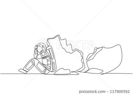 Single continuous line drawing astronaut sit slump next to a large, destroyed big piggy bank. There is no financing of space expeditions. Failed mission. Cosmonaut. One line design vector illustration Single continuous line drawing astronaut sit slump next to a large, destroyed big piggy bank. There is no financing of space expeditions. Failed mission. Cosmonaut. One line design vector illustration 117900562