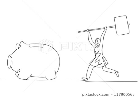 Single one line drawing Arab businesswoman holding big hammer chasing big running piggy bank. Need more money. Digging into other saving. Financial problem. Continuous line design graphic illustration Single one line drawing Arab businesswoman holding big hammer chasing big running piggy bank. Need more money. Digging into other saving. Financial problem. Continuous line design graphic illustration 117900563