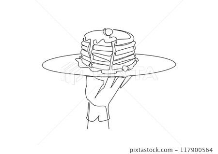 Continuous one line drawing waiter holds a food tray serving pancakes. Traditional Eastern European food. Sweet taste. Stacked cakes. Delicious. Enjoyment. Single line draw design vector illustration 117900564