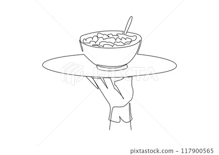 Single continuous line drawing the waiter holds a food tray serving cereal. Foods usually eaten for breakfast. Served with fresh milk. Tasty. Delicious. Filling. One line design vector illustration Single continuous line drawing the waiter holds a food tray serving cereal. Foods usually eaten for breakfast. Served with fresh milk. Tasty. Delicious. Filling. One line design vector illustration 117900565