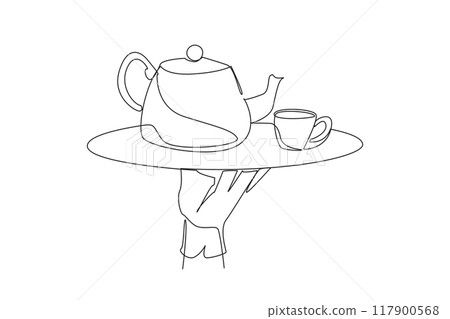 Single one line drawing waiter holding food tray serving tea set. Relaxed atmosphere in the restaurant. Calming the mind. Able to increase body immunity. Continuous line design graphic illustration 117900568