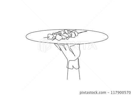 Continuous one line drawing the waiter holds food tray serving kebabs. Traditional Turkish food. Generally use lamb. Grilled meat. Beef. Delicious. Skewer. Single line draw design vector illustration 117900570