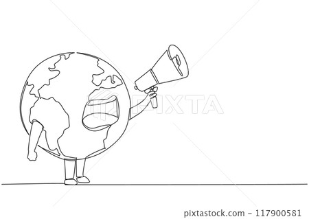 Continuous one line drawing globe holds and places the megaphone in front of his mouth. Care more about the earth. Protect the earth. Saving the planet. Single line draw design vector illustration 117900581