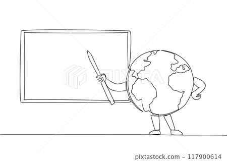 Single one line drawing globe holds a stick while pointing towards the blackboard. Explain the announcement of protecting the earth from the white board. Continuous line design graphic illustration Single one line drawing globe holds a stick while pointing towards the blackboard. Explain the announcement of protecting the earth from the white board. Continuous line design graphic illustration 117900614