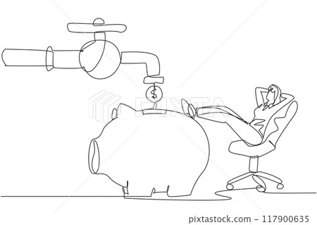 Single one line drawing businesswoman sit relax on chair to see money faucet flow into savings piggy bank. Huge financial benefits. Free from debt. Success. Continuous line design graphic illustration Single one line drawing businesswoman sit relax on chair to see money faucet flow into savings piggy bank. Huge financial benefits. Free from debt. Success. Continuous line design graphic illustration 117900635