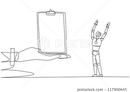 Single continuous line drawing a smart robot was excited to get the clipboard from the giant hand. Makes it easy to note down some bugs. Note while test running. One line design vector illustration 117900645