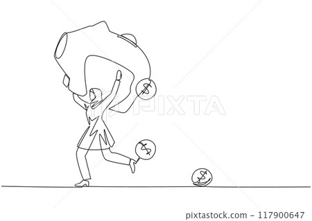 Single one line drawing Arab businesswoman running lifting big piggy bank on shoulders. Dollar symbol coin falling. Save profit value. Futures investment. Continuous line design graphic illustration 117900647