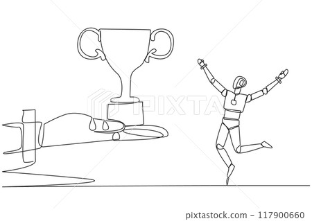 Single continuous line drawing a robot happy to get the trophy from the giant hand. Proving the success of the robot. Win the competition. Artificial intelligence. One line design vector illustration 117900660