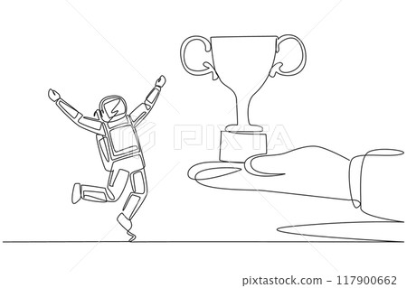 Single continuous line drawing young astronaut happy to get the trophy from the giant hand. Competition winner. Champion. Space journalist. Cosmonaut deep space. One line design vector illustration 117900662