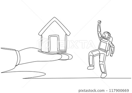 Continuous one line drawing the astronaut excited to get a miniature house from giant hand. The astronaut arrives back home. Rest. Cosmonaut outer space. Single line draw design vector illustration Continuous one line drawing the astronaut excited to get a miniature house from giant hand. The astronaut arrives back home. Rest. Cosmonaut outer space. Single line draw design vector illustration 117900669