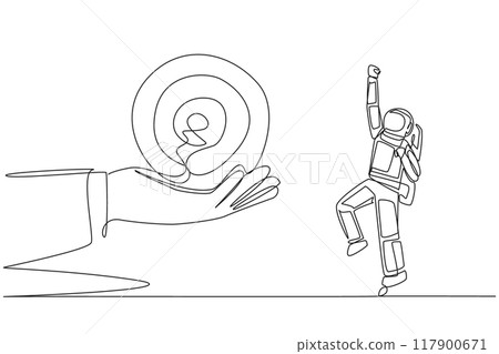 Single continuous line drawing astronaut was excited to get the arrow target board from a giant hand. Focus. Complete target. Return to earth safely. Cosmonaut. One line design vector illustration Single continuous line drawing astronaut was excited to get the arrow target board from a giant hand. Focus. Complete target. Return to earth safely. Cosmonaut. One line design vector illustration 117900671