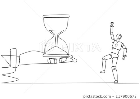 Continuous one line drawing a robot excited to get the hourglass from the giant hand. No time limit. The highest artificial intelligence technology. Future. Single line draw design vector illustration Continuous one line drawing a robot excited to get the hourglass from the giant hand. No time limit. The highest artificial intelligence technology. Future. Single line draw design vector illustration 117900672