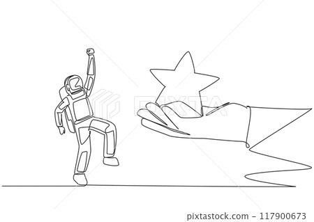 Continuous one line drawing astronaut was happy to get a star from the giant hand. Achieving dreams. An extraordinary success for an astronaut. Cosmonaut. Single line draw design vector illustration Continuous one line drawing astronaut was happy to get a star from the giant hand. Achieving dreams. An extraordinary success for an astronaut. Cosmonaut. Single line draw design vector illustration 117900673