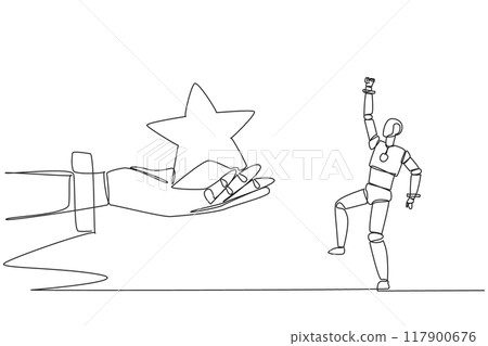 Continuous one line drawing a robot was happy to get a star from the giant hand. Getting good reviews. Good ranking. Artificial intelligence. Future tech. Single line draw design vector illustration 117900676