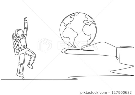 Single one line drawing astronaut excited to get the globe from giant hand. The space expedition is complete. Return to earth with joy. Spaceman deep space. Continuous line design graphic illustration 117900682