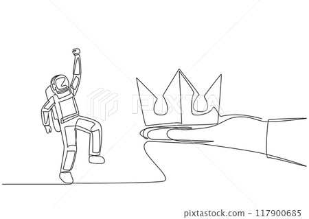 Continuous one line drawing astronaut happy to get the crown from a giant hand. Success symbol. Luxury. The space mission is complete. Cosmonaut deep space. Single line draw design vector illustration 117900685