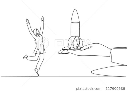 Continuous one line drawing Arabian businesswoman happy to get rocket from a giant hand. Prestigious achievement. Rapid business profits. Brilliant career. Single line draw design vector illustration 117900686