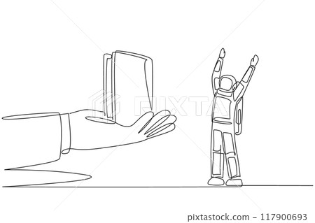 Single continuous line drawing the astronaut was excited to get a wallet from the giant hand. Simple. Concise. Made from smooth leather. Cosmonaut outer space. One line design vector illustration 117900693