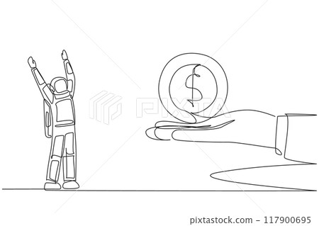 Continuous one line drawing astronaut excited to get dollar symbol coin from a giant hand. Gold money. Cash. Space mission success. Cosmonaut outer space. Single line draw design vector illustration Continuous one line drawing astronaut excited to get dollar symbol coin from a giant hand. Gold money. Cash. Space mission success. Cosmonaut outer space. Single line draw design vector illustration 117900695
