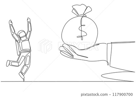 Single one line drawing astronaut was excited to get the money bag from giant hand. Lots of cash. Enough to fund a space expedition. Cosmonaut deep space. Continuous line design graphic illustration 117900700