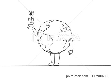 Continuous one line drawing the globe holds and lifts flowers planted in pots. Passionate about planting. Cleans inhaled air. Reduces damage to ozone layer. Single line draw design vector illustration 117900719