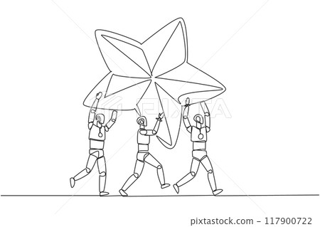 Continuous one line drawing group of robots work together carrying star. Achieve dreams together. Gets the best rating. Technology artificial intelligence. Single line draw design vector illustration Continuous one line drawing group of robots work together carrying star. Achieve dreams together. Gets the best rating. Technology artificial intelligence. Single line draw design vector illustration 117900722
